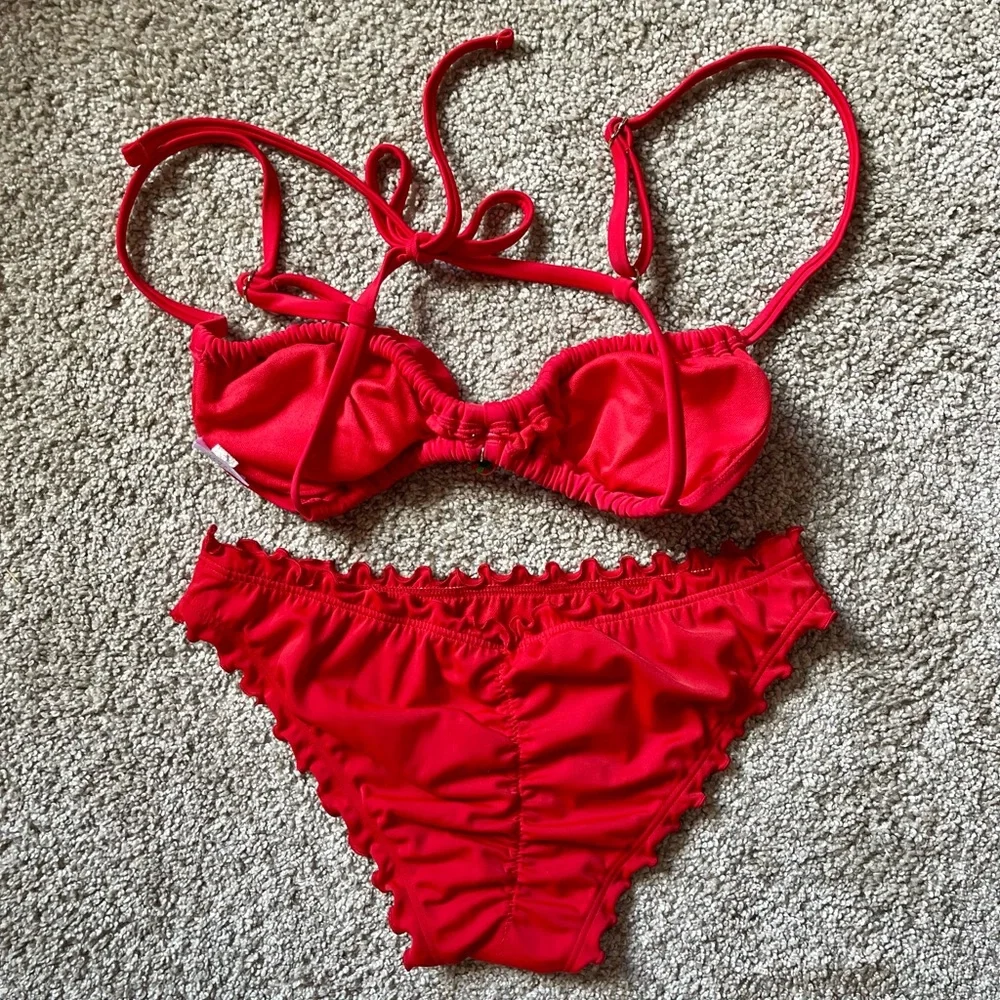 Red Bikini Set Ruffle Detailing Adjustable Straps Strawberry Charm Size XS-S - Picture 2 of 8